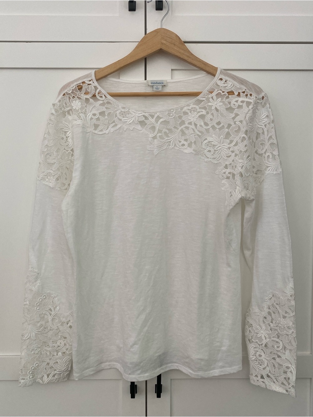 Sundance White Long Sleeve Tee Lace Detail Feminine Minimalist Monochrome Size L - Picture 3 of 12